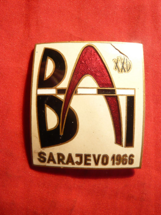 Insigna mare - Jocurile Balcanice - Sarajevo 1966 ,dim.= 3,5x4cm