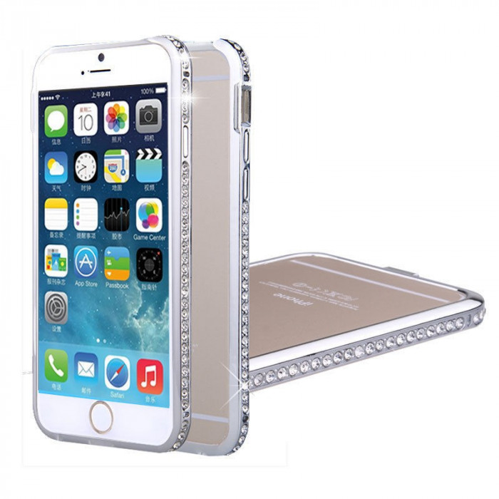 Bumper metal argintiu cristale Iphone 6 4,7&quot; + folie protectie ecran
