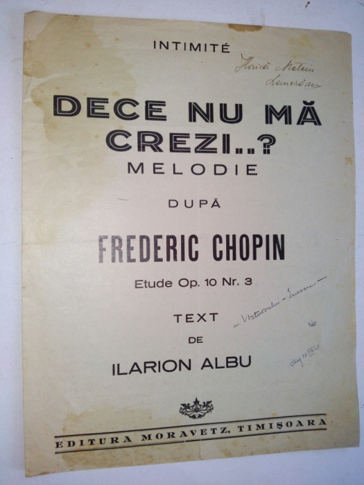 Partitura De ce nu ma crezi ? dupa Frederic Chopin Etude Op. 10 Nr. 3