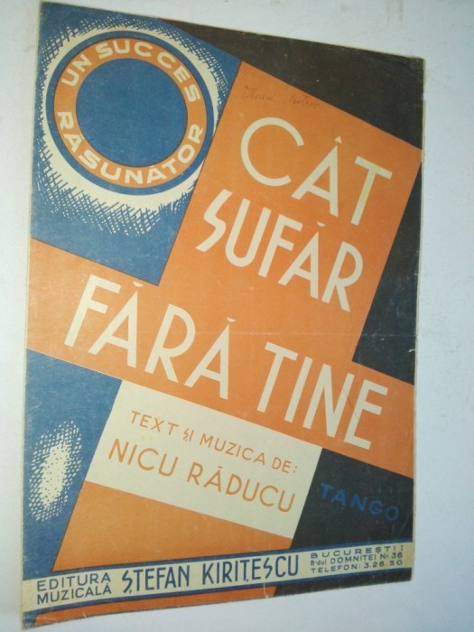 Partitura Tango Cat sufar fara tine Muzica: Nicu Raducu