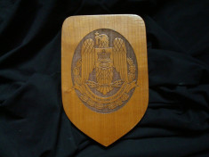 Emblema de STAT ROMANIA (panoplie, panou, heraldica). Sculptura, gravura lemn. foto