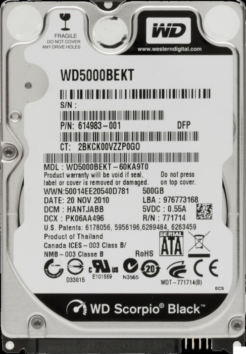HDD Laptop Western Digital 500GB 7200RPM 16MB CACHE SATA2 WD5000BEKT Scorpio Black foto mare HDD Laptop Western Digital 500GB 7200RPM 16MB CACHE SATA2 WD5000BEKT Scorpio Black foto mare