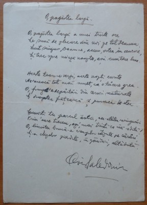 Poezia O pajiste largă de Ovid Caledoniu in manuscris, scrisă olograf si semnata foto
