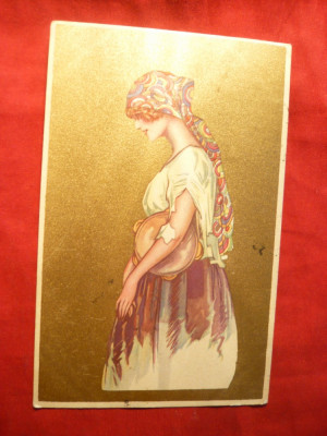 Ilustrata - Femeie cu Tamburina circ. in Romania 1923 - piesa de autor ,color foto
