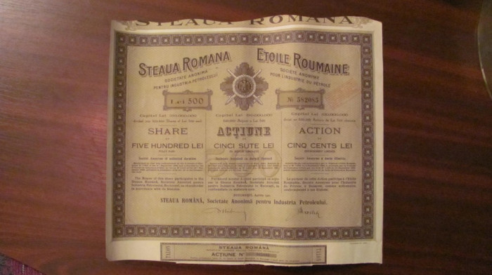 CY - Actiune / actiuni 500 lei STEAUA ROMANA 1944 industrie petrol