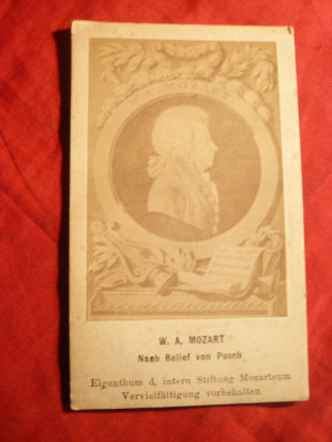 Fotografie veche pe carton sec.XIX- Portret W.A.Mozart , dim.=6,6 x 11cm foto