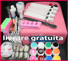 Kit unghii false cu Lampa UV 12 geluri colorate 8 pensule livrare GRATUITA foto