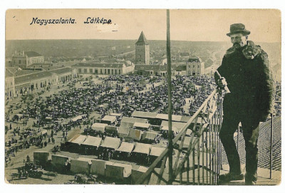 82 - SALONTA, Bihor, Synagogue to left , Market - old postcard - used - 1914 foto