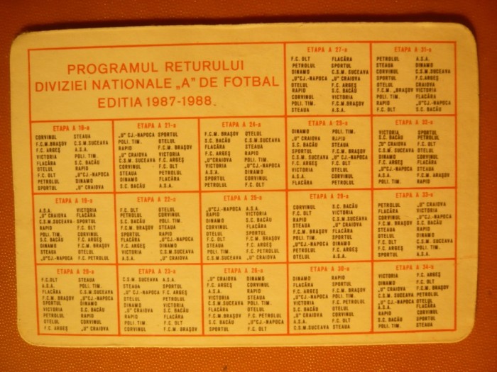 Calendar cu Program Retur Divizia Nationala de Fotbal 1987-1988