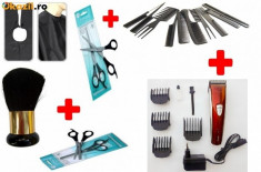 Kit frizerie masina de tuns + 10 piepteni + pamatuf + pelerina + foarfeca tuns foto