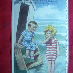 Ilustrata piesa de autor- 2 copii la scaldat - semnata,circ.1922 la Bucuresti