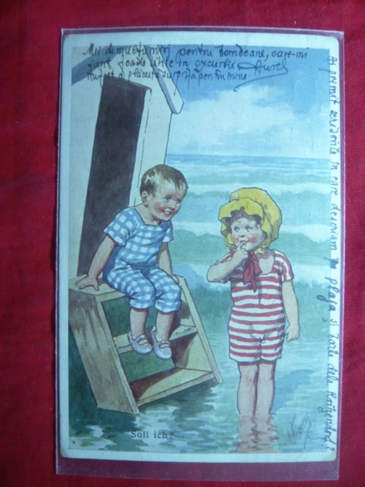 Ilustrata piesa de autor- 2 copii la scaldat - semnata,circ.1922 la Bucuresti
