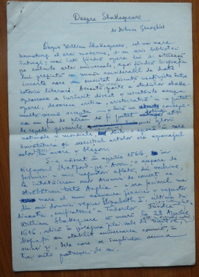 Manuscris semnat Mihnea Gheorghiu, Despre Shakespeare, 5 pagini foto
