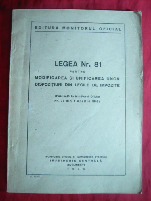 Legea 81-Notificarea si Unificarea unor dispozitiuni din Legile de Impozite 1948