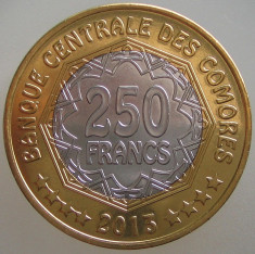 INSULELE COMORE KM#21 - 250 Franci 2013 UNC , 28.5mm (30 YEARS CENTRAL BANK) foto