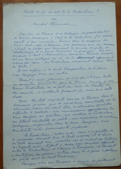 3 pagini de manuscris Mihail ( Michel ) Steriade, scriitor roman din Belgia