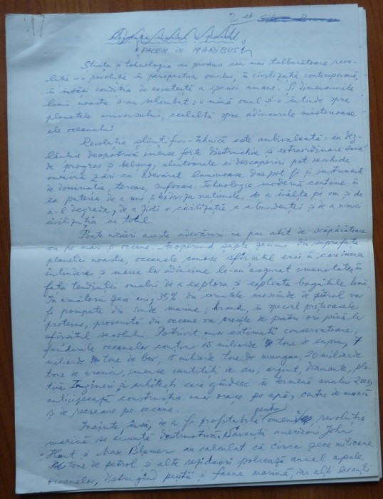 5 pagini de manuscris Silviu Brucan: Pacem in maribus