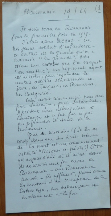 4 pagini manuscris ale scriitorului francez Paul Vialar despre Romania, 1964