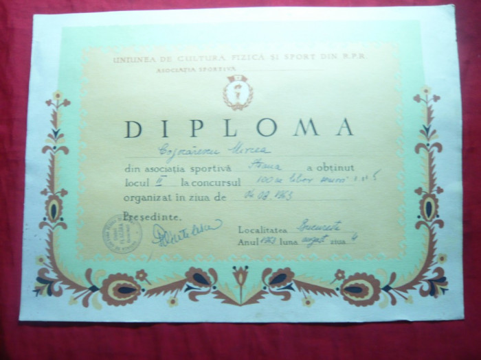 Diploma UCFS -Campion RPR Inot la 100m liber ,Seniori -1963, Club Steaua