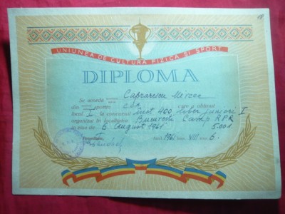 Diploma UCFS -Campion RPR Inot la 400m liber ,Junior I -1961, CCA (Steaua) foto