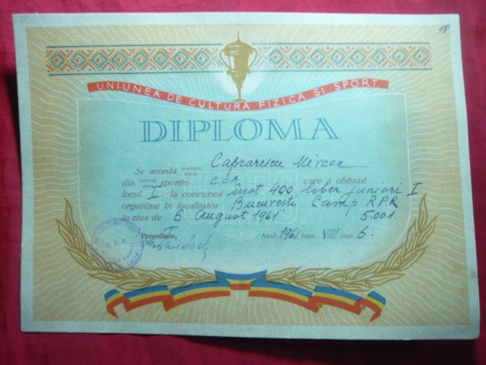 Diploma UCFS -Campion RPR Inot la 400m liber ,Junior I -1961, CCA (Steaua)