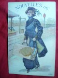 Ilustrata-Litografie- Calatoare in gara ,piesa autor , Franta