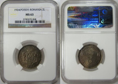 Romania 2 Lei 1924 Poissy NGC MS 63 Piesa de colectie ! foto