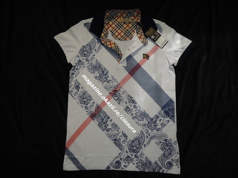 TRICOU ALB BARBATI FIRMA BURBERRY MANECA SCURTA GULER POLO 3 NASTURI  ARABESCURI, M, S, Bumbac | Okazii.ro