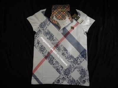 TRICOU ALB BARBATI FIRMA BURBERRY MANECA SCURTA GULER POLO 3 NASTURI ARABESCURI foto
