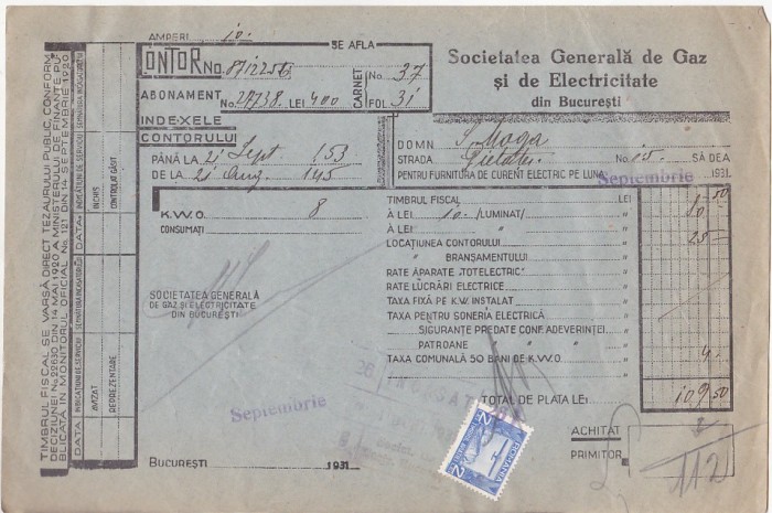 bnk fil Timbrul aviatiei 2 lei pe factura 1931