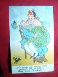 Ilustrata comica militara 63 -Cuplu de obezi pe un scaun-cu reclama comica