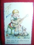 Ilustrata Fetita cantand la chitara si caine, piesa autor ,semnat Mariapia