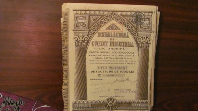 PVM - Titlu Nominativ 1 actiune 1000 lei SOCIETATEA NATIONALA CREDIT INDUSTRIAL foto