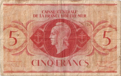 CAISSE CENTRALE DE LA FRANCE D&amp;#039;OUTRE MER 5 FRANCS FRANCI 1944 F foto