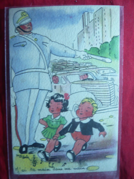 Ilustrata comica- Copii traversand si Politist, piesa autor , semnata Mo-Bair