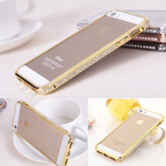 Bumper auriu aluminiu cu cristale Iphone 5 5G 5S + folie protectie ecran