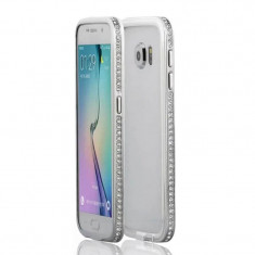 Bumper metal argintiu cristale Samsung Galaxy S6 si folie ecran inclusa