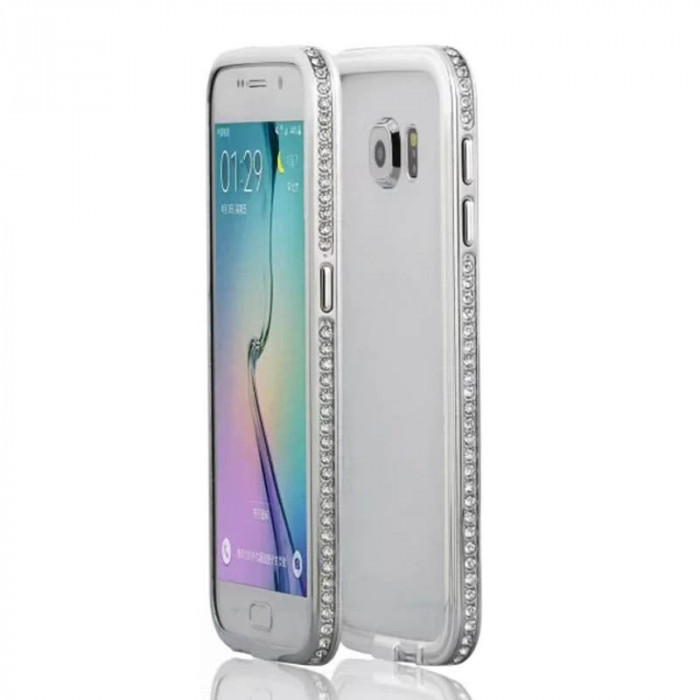 Bumper metal argintiu cristale Samsung Galaxy S6 si folie ecran inclusa