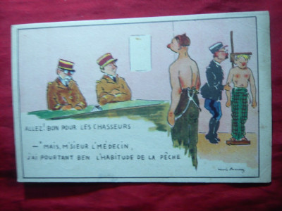 Ilustrata comica- Litografie -Militara- La Incorporare , cu Reclama pe spate foto