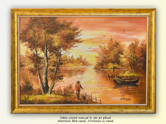 Pescar (2) - pictura peisaj din natura, ulei pe panza, cu rama, 57x42cm foto