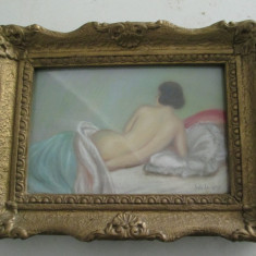 Nud intins pe canapea, pastel 1927 , tablou mic vechi