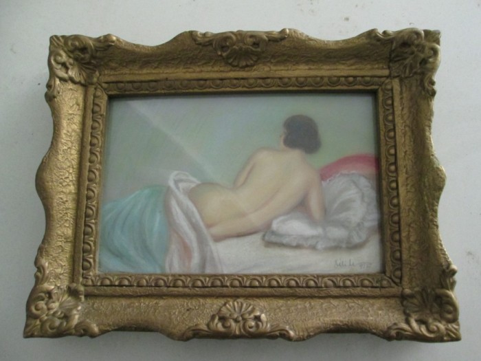 Nud intins pe canapea, pastel 1927 , tablou mic vechi