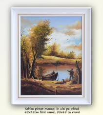 Pescar (1) - peisaj din natura, ulei pe panza, cu rama alba, 55x45cm foto