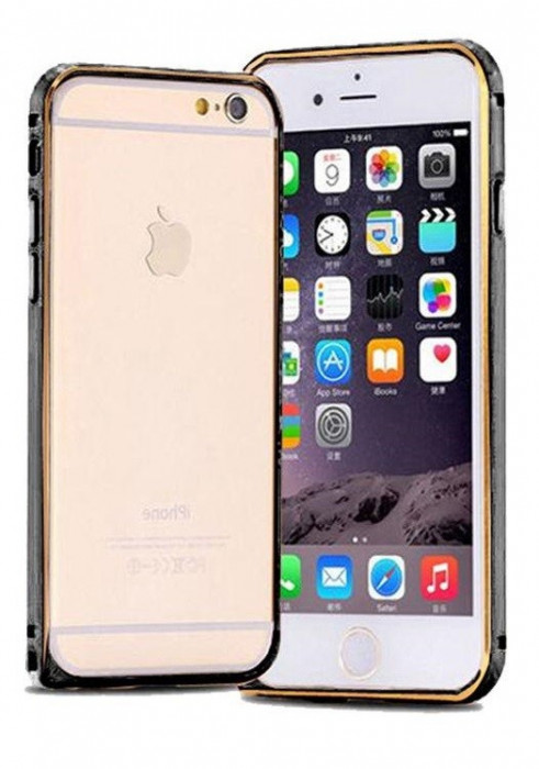 Bumper metal negru margine auriu Iphone 6 Plus 5.5&quot; + folie ecran