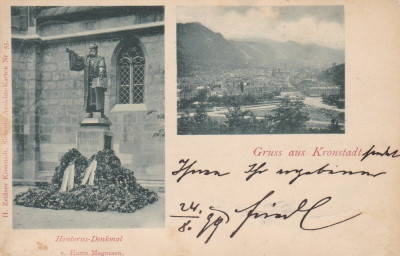 BRASOV SALUTARI DIN BRASOV STATUIA J. HONTERUS PANORAMA CLASICA CIRCULATA 1899 foto