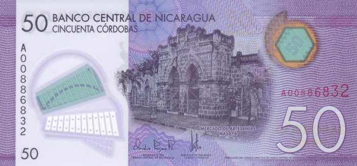 Bancnota Nicaragua 50 Cordobas 2014 - P211 UNC (polimer)