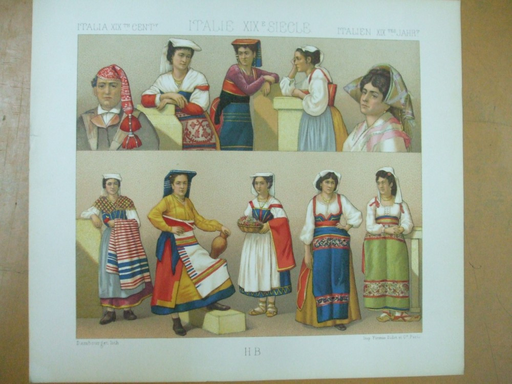 Italia secolul XIX costume populare din Roma si Ancona cromolitografie 1876  | arhiva Okazii.ro