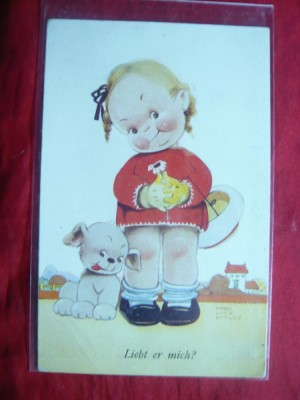Ilustrata comica Copil si caine , piesa de autor semnata, 1935 foto