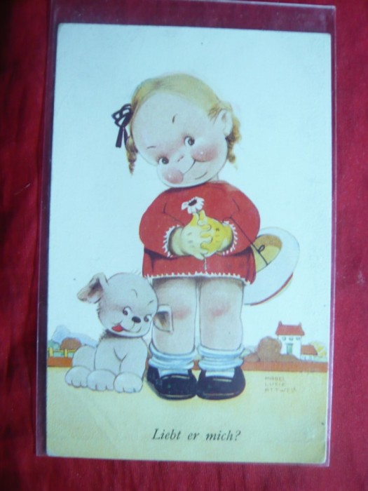 Ilustrata comica Copil si caine , piesa de autor semnata, 1935