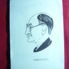 Gravura pe lemn -Caricatura -Personalitati- Takacs Gyula , dim.= 10,9x15,5 cm